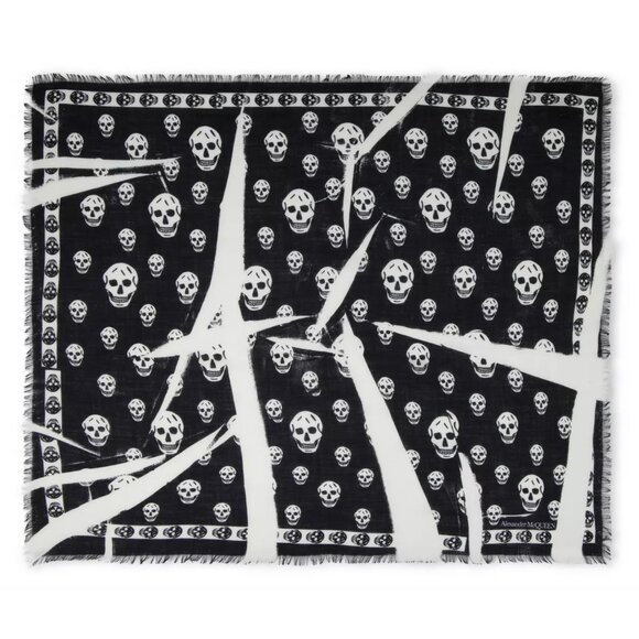 ALEXANDER MCQUEEN SCARF SLASHED SKULL PRINT BLACK WOOL FRINGE UNISEX - Picture 3 of 16